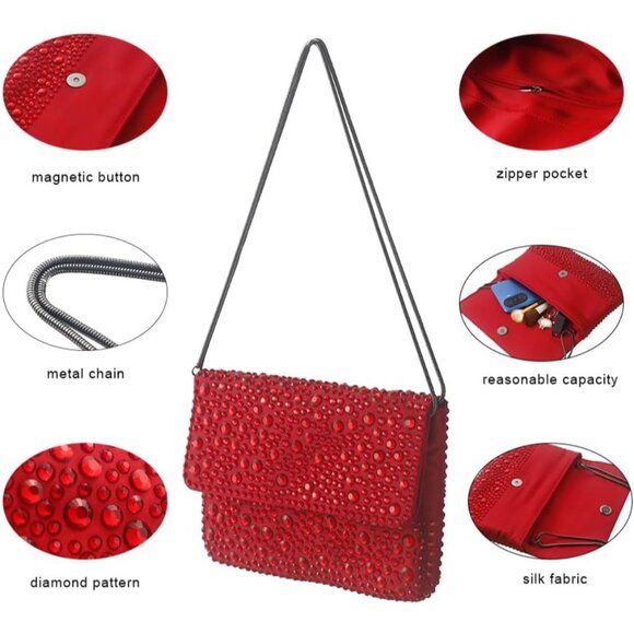 ⚡ Women's Sparkling Red Evening Rhinestone Shoulder Chain Crystal Clutch Bag - Picture 5 of 6
